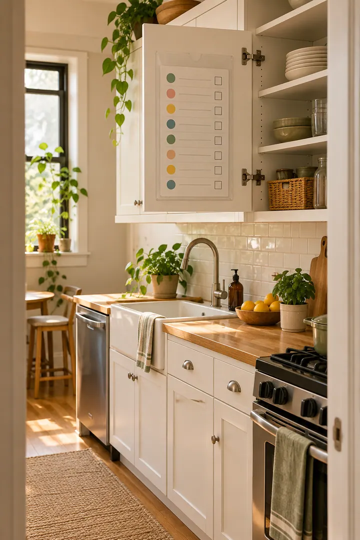 Clean Photo of removable cabinet cleaning chart in Shared rental kitchen showing use an approved removable sleeve.