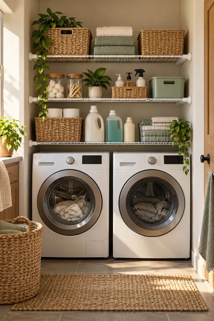 Detail/Lifestyle Photo of compression tension laundry shelf in Rental laundry niche showing use only a suitable rated tension system.