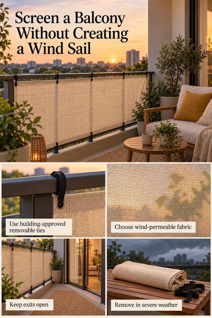 Editorial Educational Collage of non-drill balcony privacy textile in Rental balcony showing use building-approved removable ties.