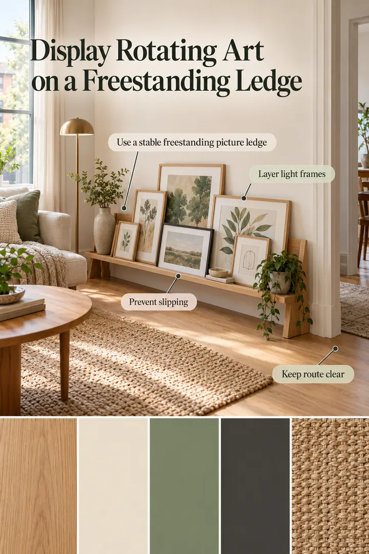 Color Palette Guide of removable art leaning rail in Rental living room showing use a stable freestanding picture ledge.
