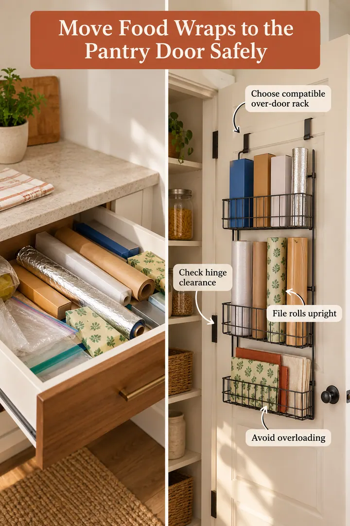 Room-by-Room Visual Guide of over-door pantry wrap rack in Rental pantry door showing choose compatible over-door rack.