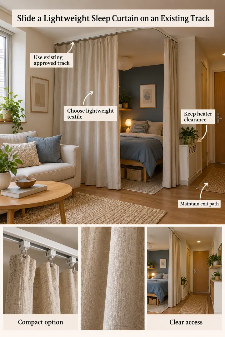 Budget Decor Catalog of temporary curtain zoning clips in Rental studio ceiling track showing use existing approved track.