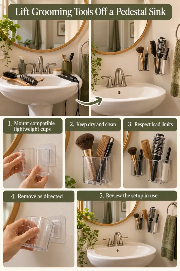 Numbered Ideas Infographic of removable vanity tool cups in Rental bathroom mirror side showing mount compatible lightweight cups.