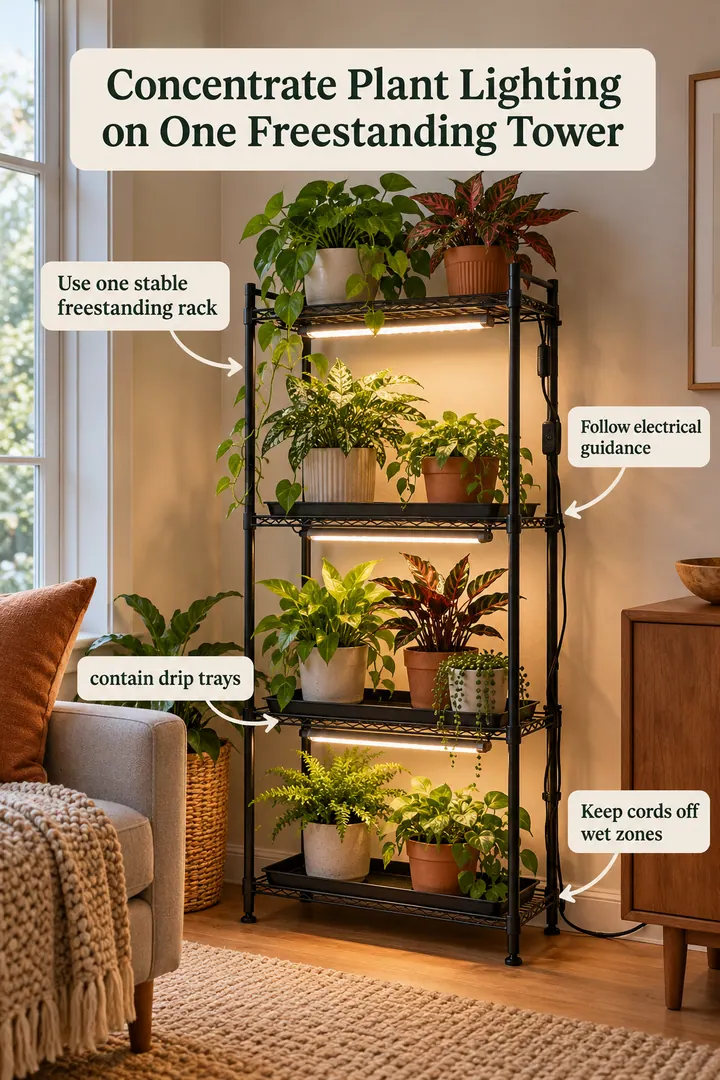 Annotated Educational Photo of freestanding plant light tower in Rental dark corner showing use one stable freestanding rack.