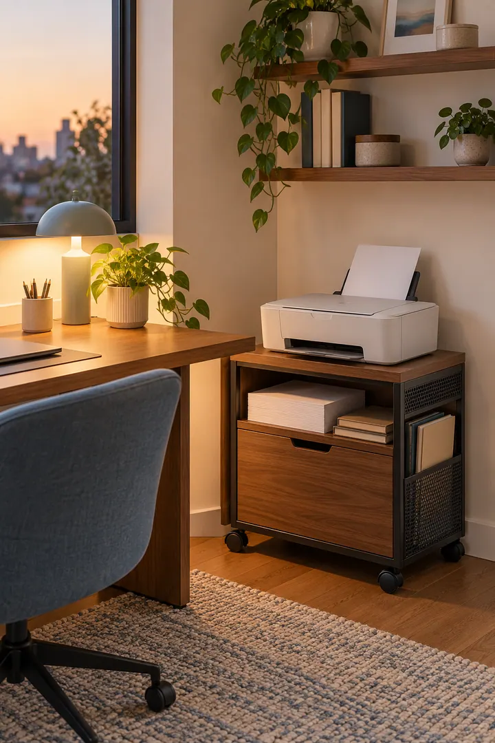 Clean Photo of rolling printer cabinet in Small home office showing choose ventilated rolling cabinet.