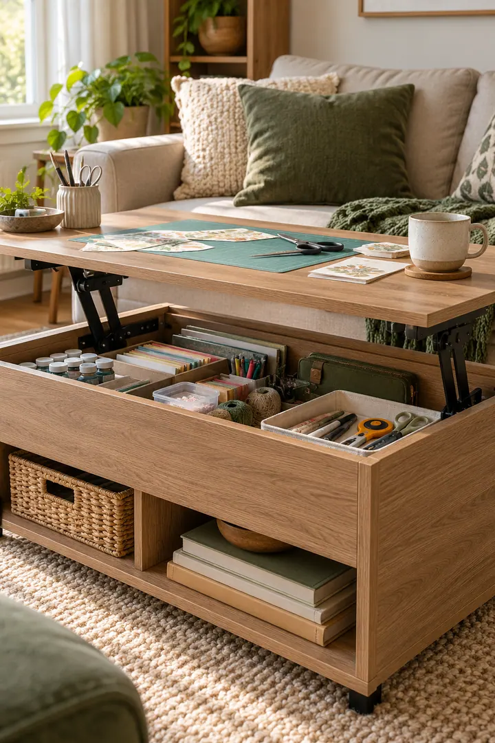 Detail/Lifestyle Photo of lift-top craft coffee table in Small living room showing choose stable lift-top storage.