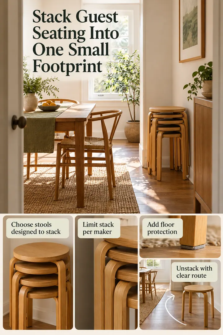 Editorial Educational Collage of stacking guest stools in Compact dining room showing choose stools designed to stack.