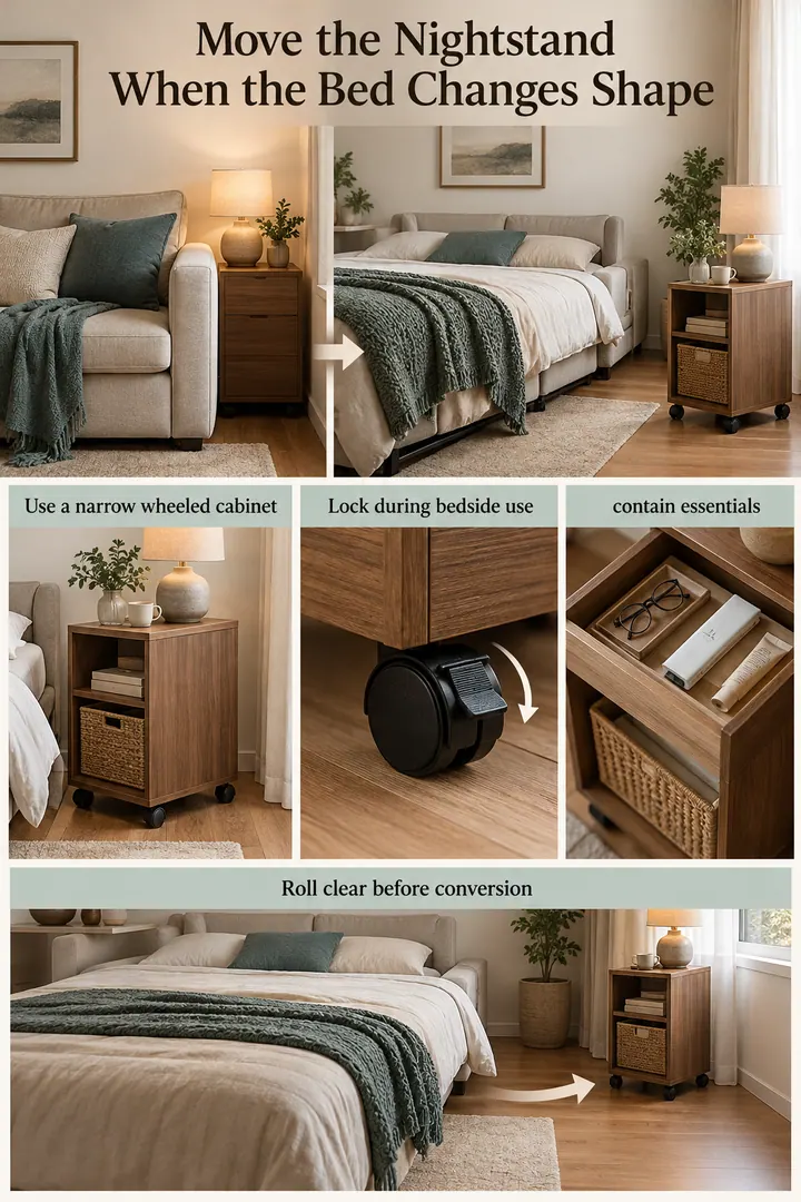 Room-by-Room Visual Guide of mobile bedside cabinet in Studio sleeping zone showing use a narrow wheeled cabinet.