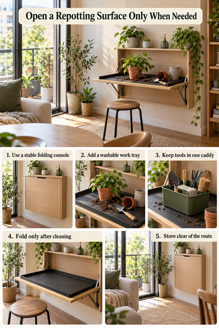 Numbered Ideas Infographic of folding plant repotting console in Balcony-door living area showing use a stable folding console.