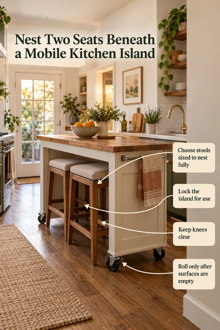 Annotated Educational Photo of rolling island with nesting stools in Compact eat-in kitchen showing choose stools sized to nest fully.