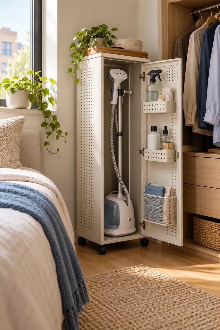 Clean Photo of rolling garment care cabinet in Small bedroom wardrobe edge showing choose a ventilated narrow rolling cabinet.
