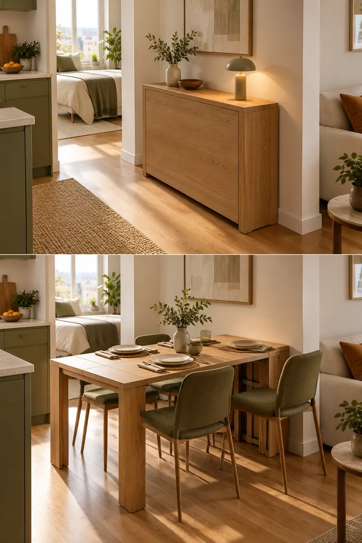 Detail/Lifestyle Photo of expandable console dining table in Studio apartment showing choose a console designed to expand.