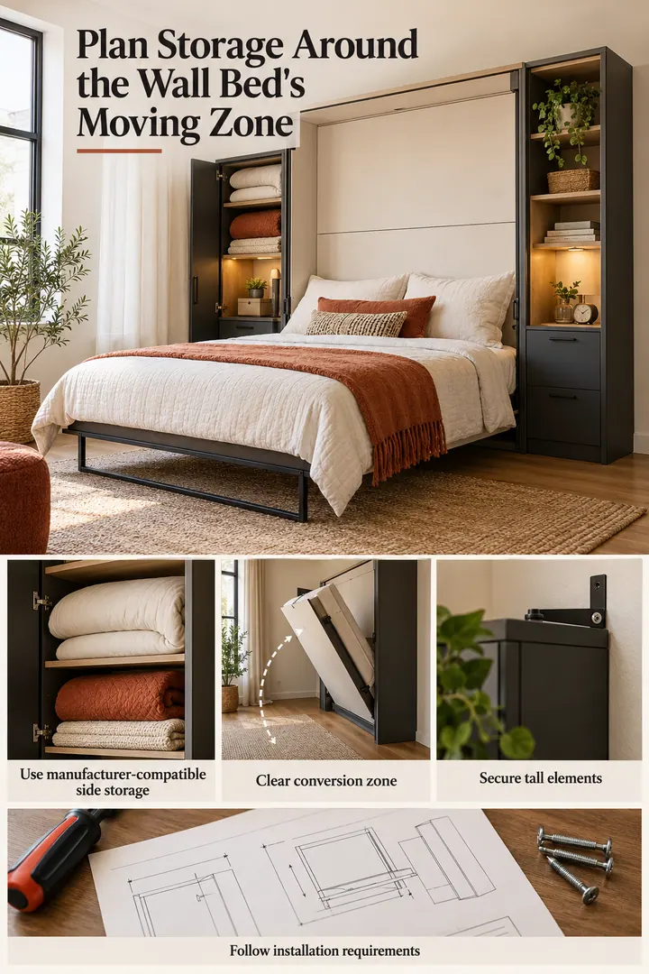 Editorial Educational Collage of wall-bed side cabinet system in Micro apartment sleeping area showing use manufacturer-compatible side storage.