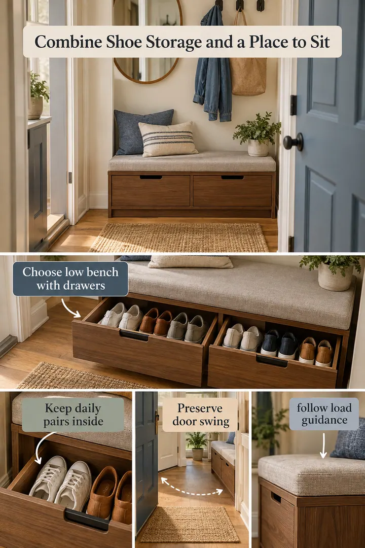 Room-by-Room Visual Guide of bench with shoe drawers in Narrow entry hall showing choose low bench with drawers.