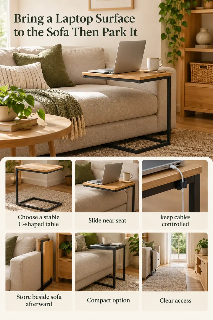 Budget Decor Catalog of C-table laptop perch in Small living room showing choose a stable c-shaped table.