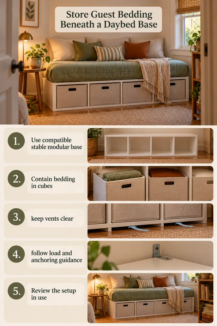 Numbered Ideas Infographic of modular cube daybed base in Multipurpose guest room showing use compatible stable modular base.