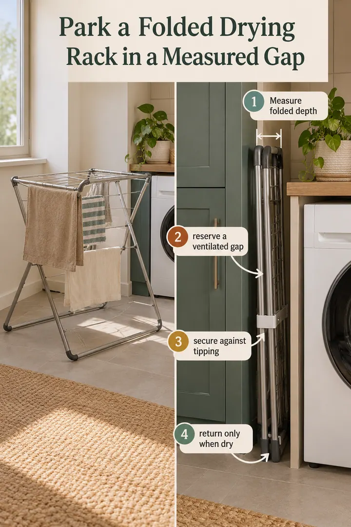 Annotated Educational Photo of fold-flat drying rack cabinet gap in Compact laundry zone showing measure folded depth.