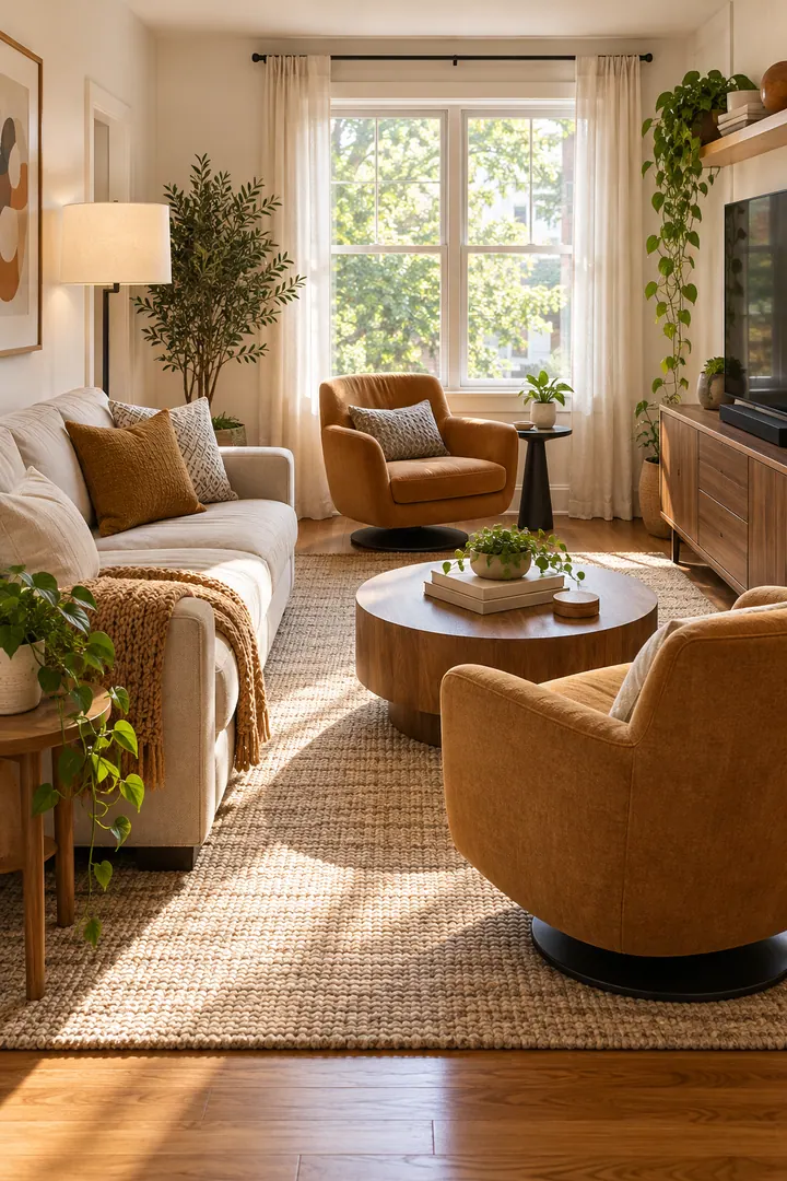 Clean Photo of swivel reading chair placement in Small living room showing choose a compact swivel base.