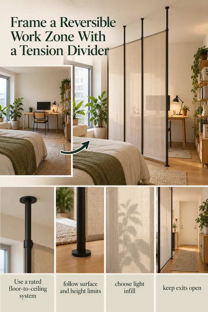 Editorial Educational Collage of ceiling-height tension divider in Studio apartment showing use a rated floor-to-ceiling system.