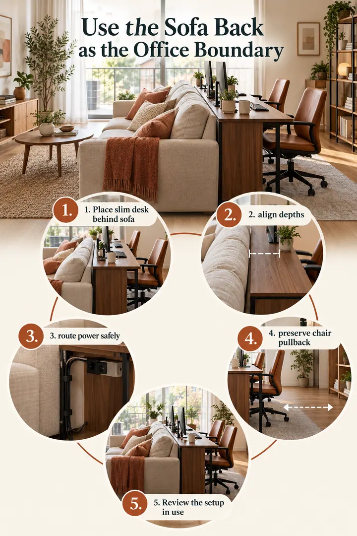 Numbered Ideas Infographic of back-to-back desk sofa zoning in Open studio showing place slim desk behind sofa.