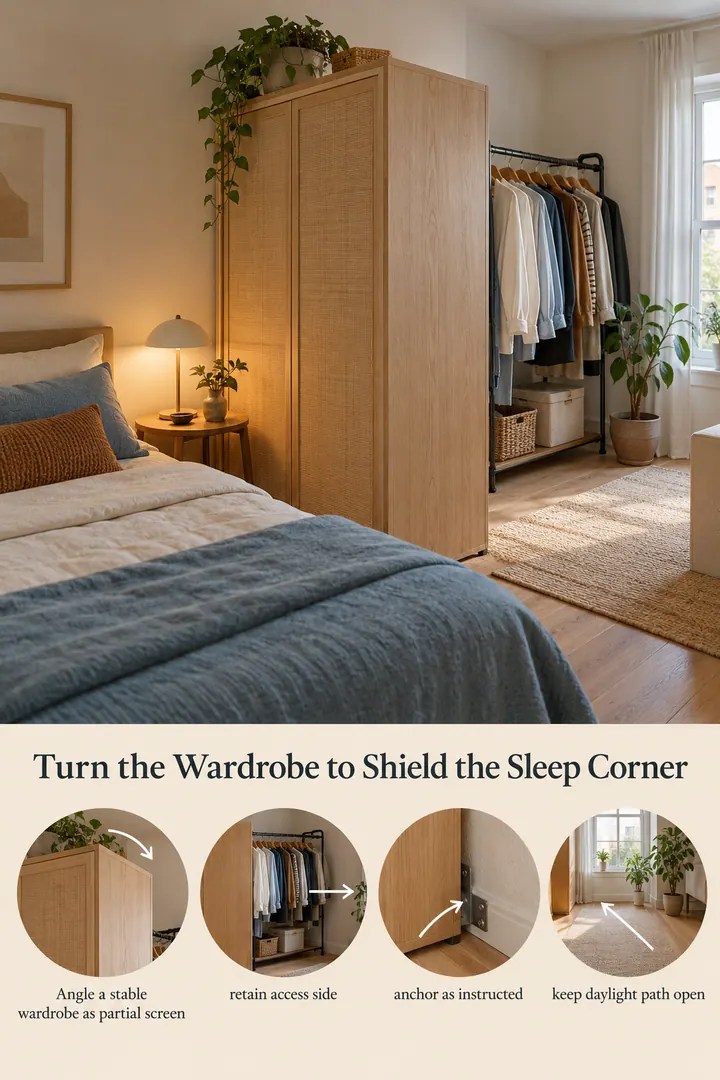 Annotated Educational Photo of angled wardrobe divider in Studio sleeping corner showing angle a stable wardrobe as partial screen.