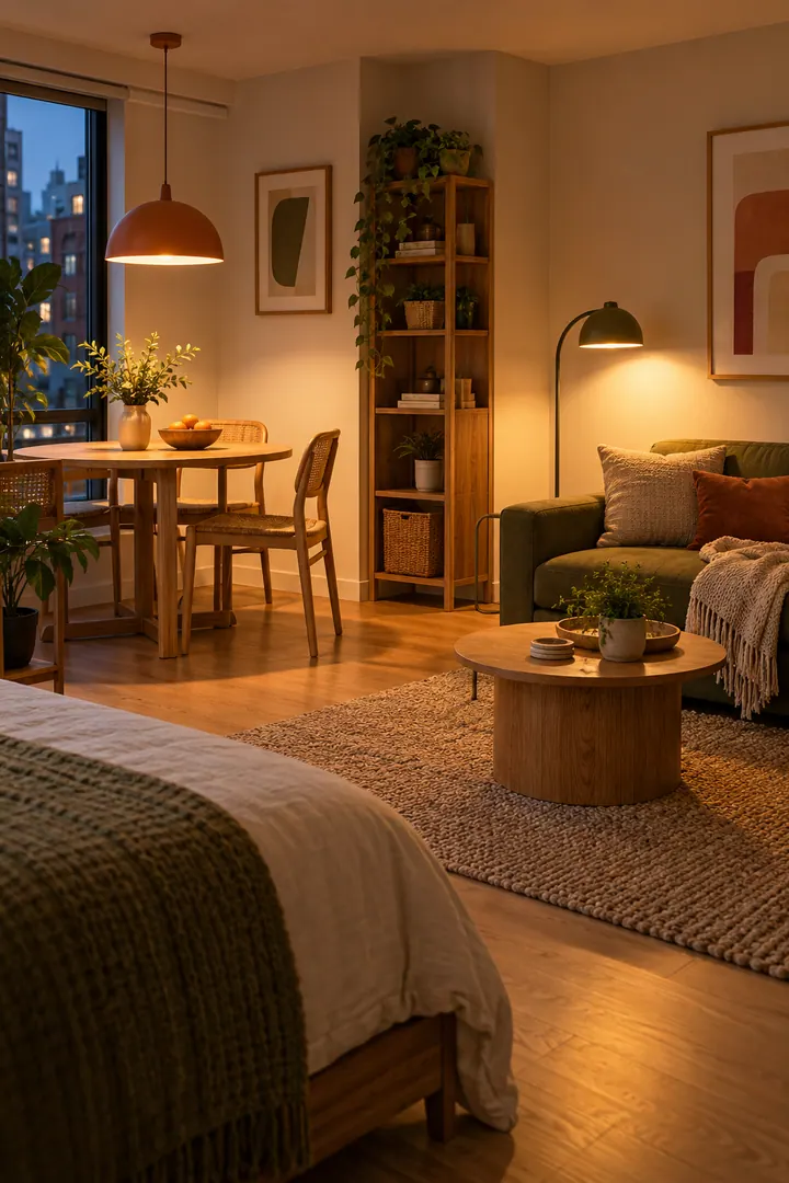 Clean Photo of separate lighting pools for studio zones in Open studio apartment showing place focused light over dining.