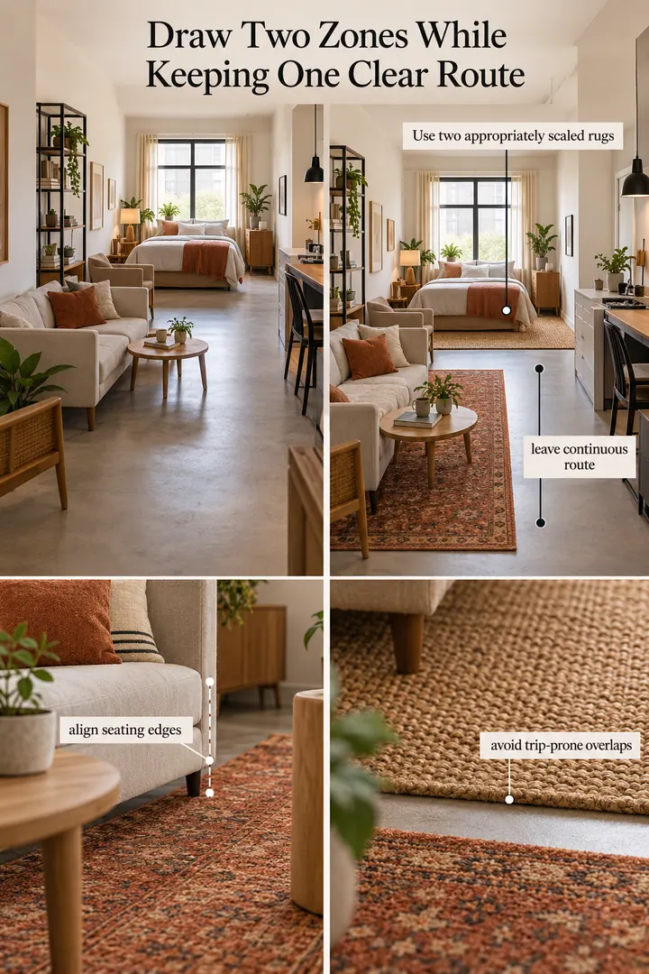Editorial Educational Collage of paired rugs studio route in Long studio apartment showing use two appropriately scaled rugs.