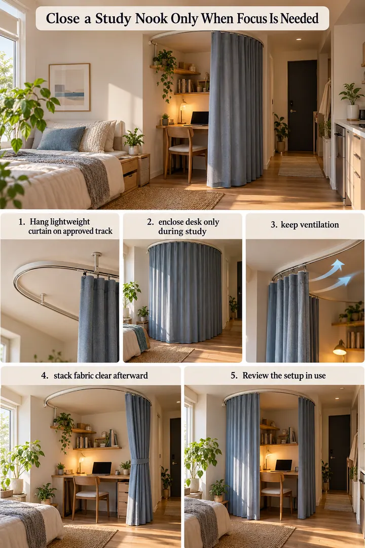 Numbered Ideas Infographic of rotating curtain study booth in Shared studio showing hang lightweight curtain on approved track.