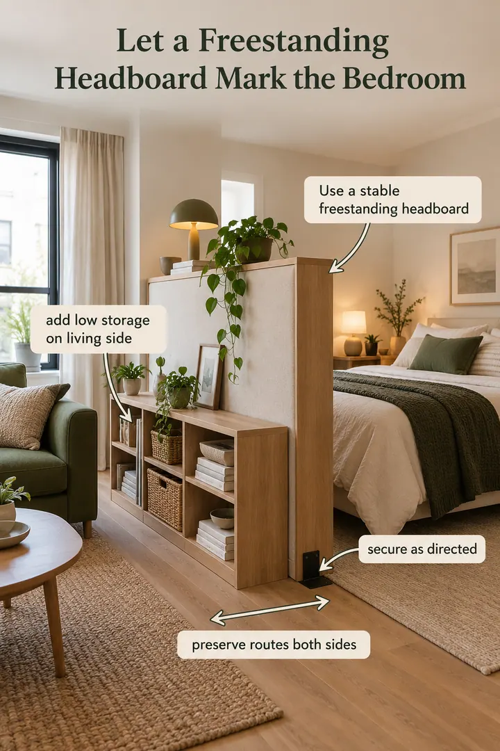 Annotated Educational Photo of headboard floating divider in Studio sleeping zone showing use a stable freestanding headboard.