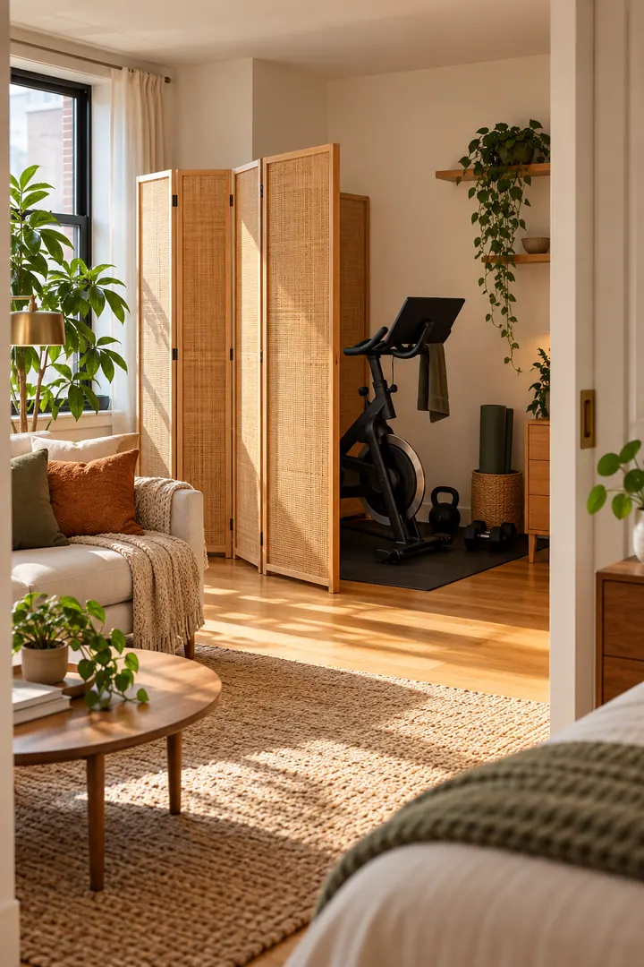 Clean Photo of folding screen workout gear bay in Studio exercise corner showing position a stable folding screen only after use.