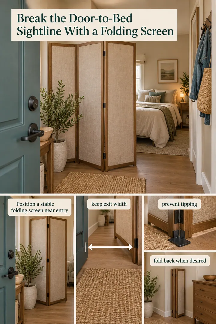 Editorial Educational Collage of entry screen sightline in Door-facing studio bed showing position a stable folding screen near entry.