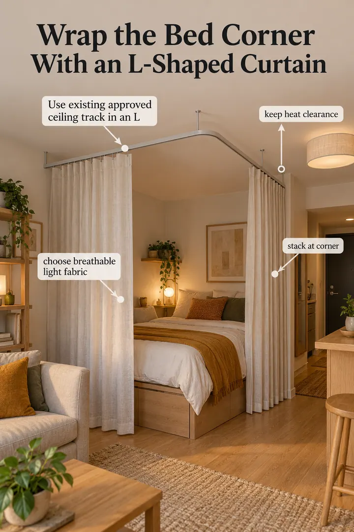 Annotated Educational Photo of ceiling curtain L-zone in Square studio showing use existing approved ceiling track in an l.