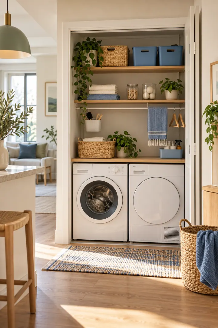 Clean Photo of Cool Blue utility nook in Compact laundry nook showing use cool blue on removable bins and one textile.