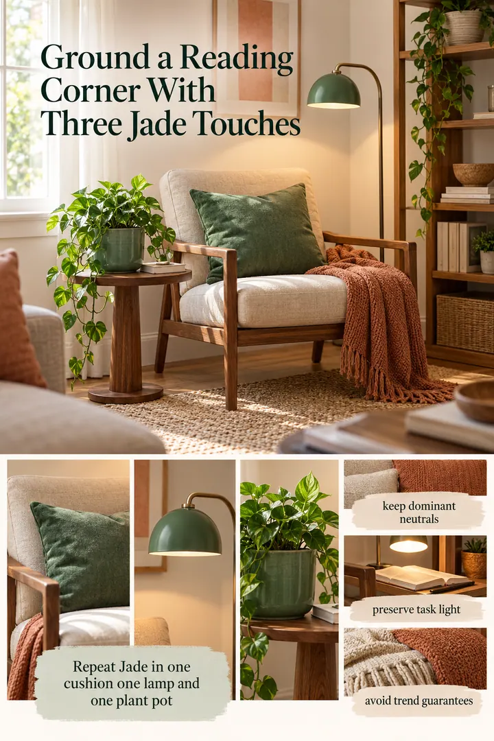 Editorial Educational Collage of Jade reading corner in Small living room corner showing repeat jade in one cushion one lamp and one plant pot.
