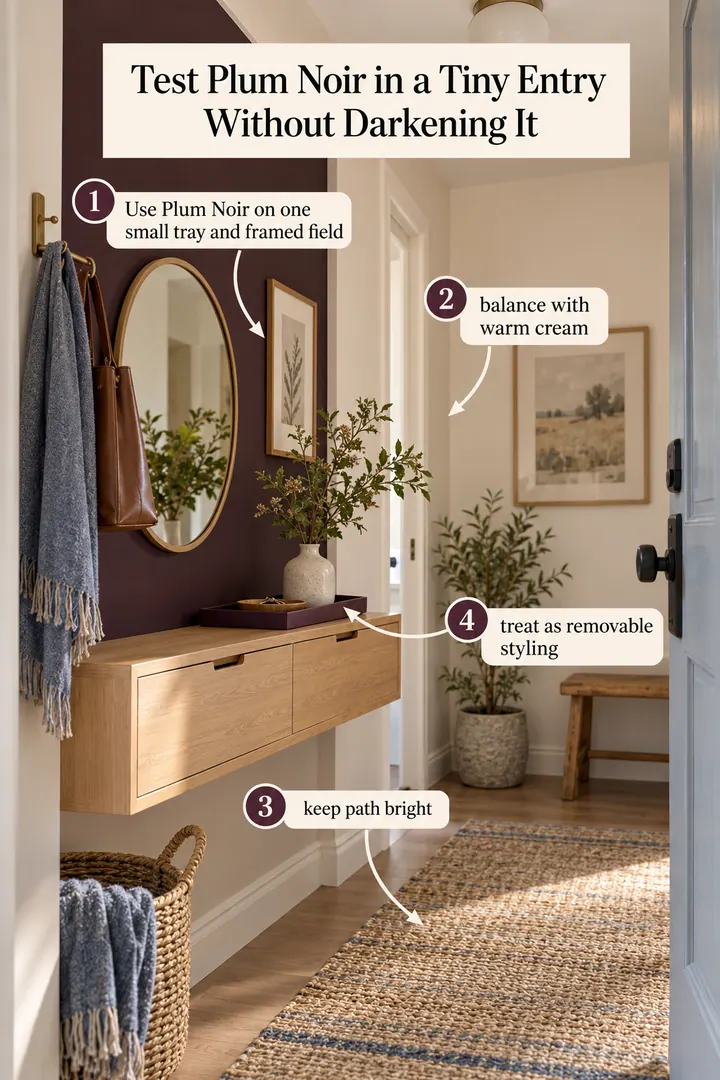Annotated Educational Photo of Plum Noir entry accent in Tiny apartment entry showing use plum noir on one small tray and framed field.