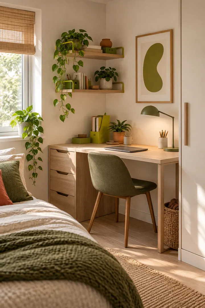 Clean Photo of Wasabi desk micro-accent in Bedroom desk nook showing limit wasabi to organizer edges and one art shape.