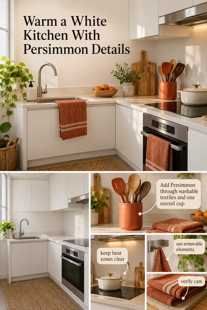 Editorial Educational Collage of Persimmon kitchen detail in White rental kitchenette showing add persimmon through washable textiles and one utensil cup.