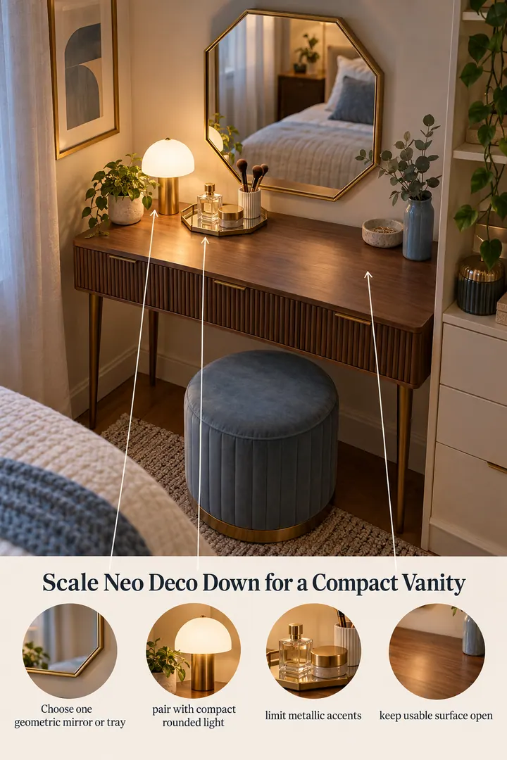 Annotated Educational Photo of Neo Deco vanity restraint in Small bedroom vanity showing choose one geometric mirror or tray.