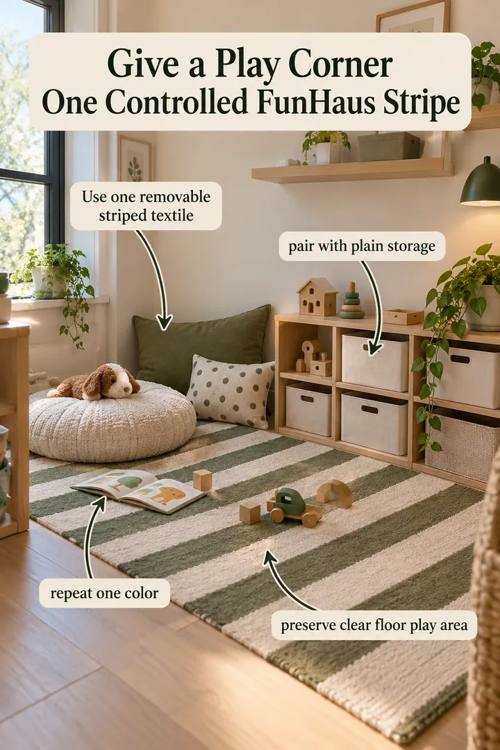 Annotated Educational Photo of FunHaus stripe moment in Small playroom corner showing use one removable striped textile.