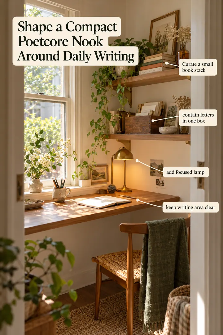 Annotated Educational Photo of Poetcore writing shelf in Window writing nook showing curate a small book stack.