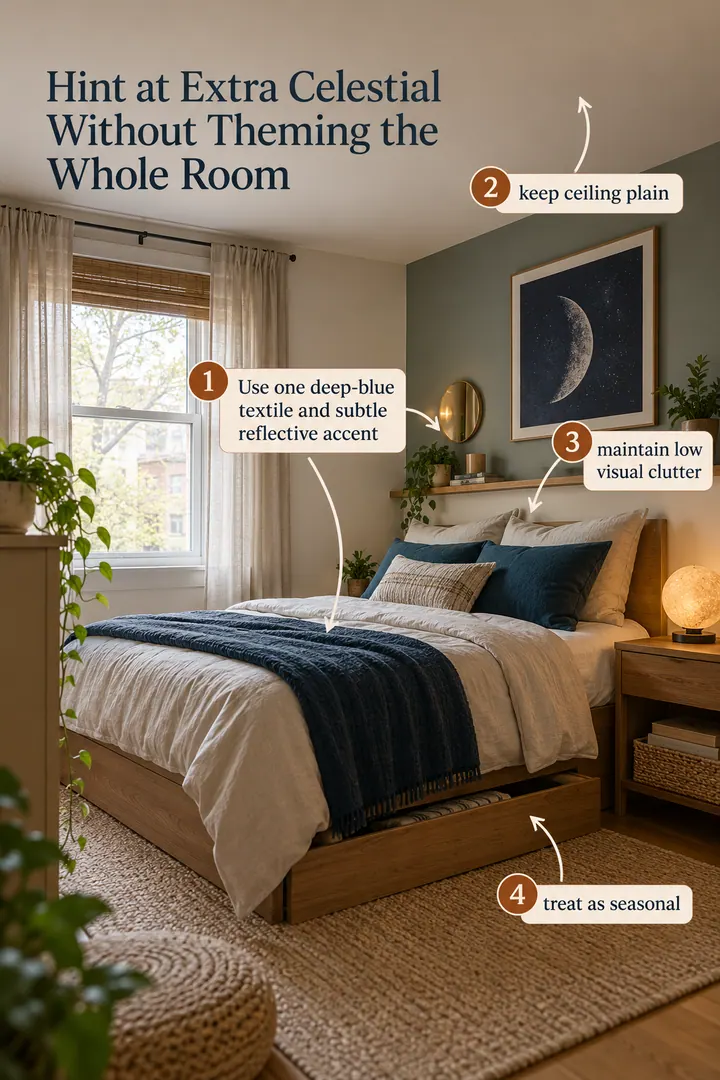 Annotated Educational Photo of Extra Celestial sleep accent in Small bedroom showing use one deep-blue textile and subtle reflective accent.