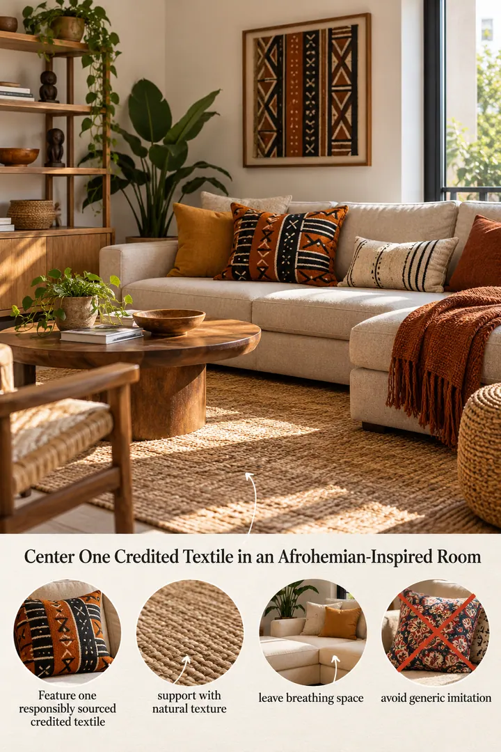 Annotated Educational Photo of Afrohemian textile focus in Compact living room showing feature one responsibly sourced credited textile.