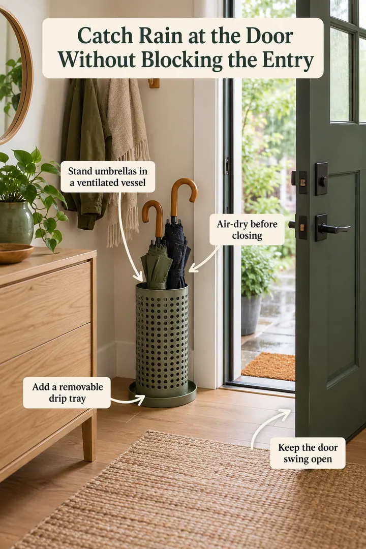 Annotated Educational Photo of umbrella drip station in Narrow apartment entry showing stand umbrellas in a ventilated vessel.