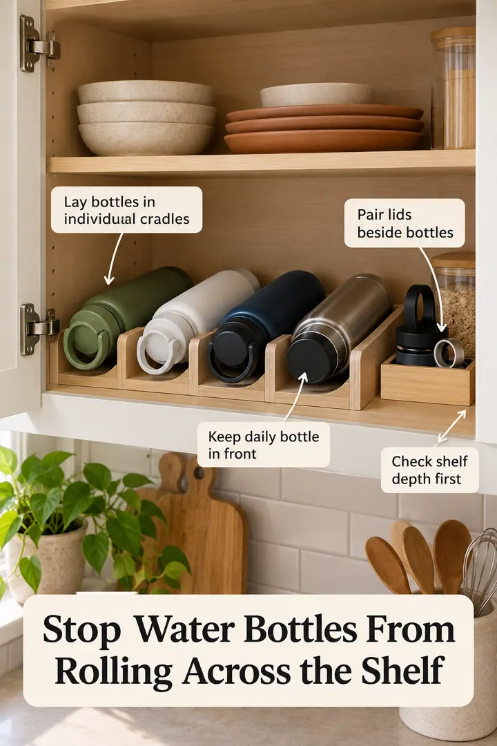 Annotated Educational Photo of reusable bottle shelf cradle in Upper kitchen cabinet showing lay bottles in individual cradles.