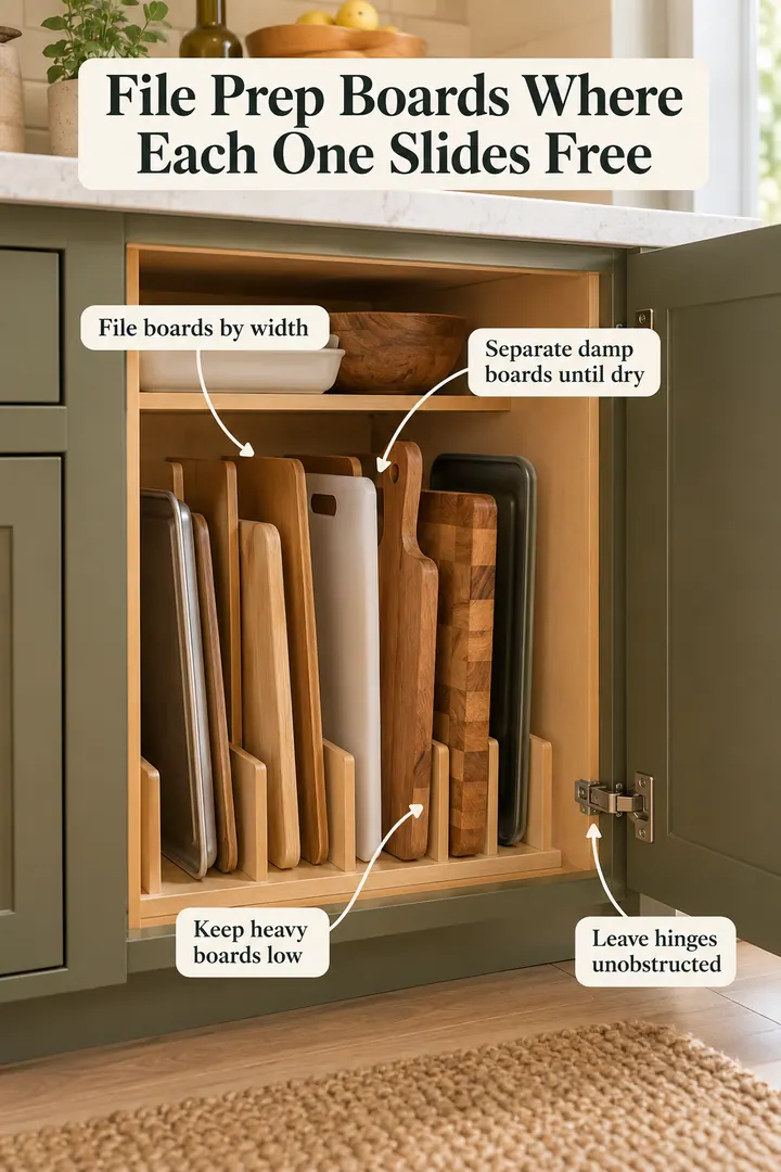 Annotated Educational Photo of vertical cutting board rack in Galley kitchen base cabinet showing file boards by width.
