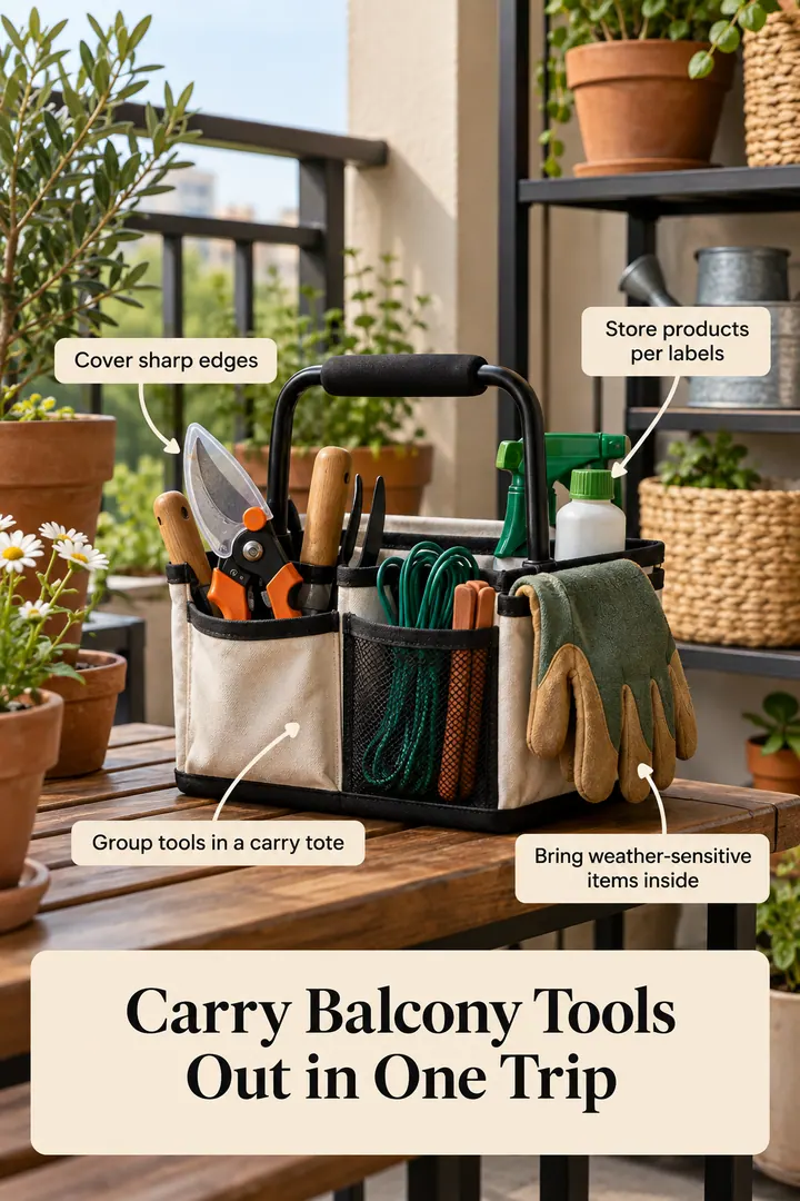 Annotated Educational Photo of hand tool balcony tote in Apartment balcony closet showing group tools in a carry tote.