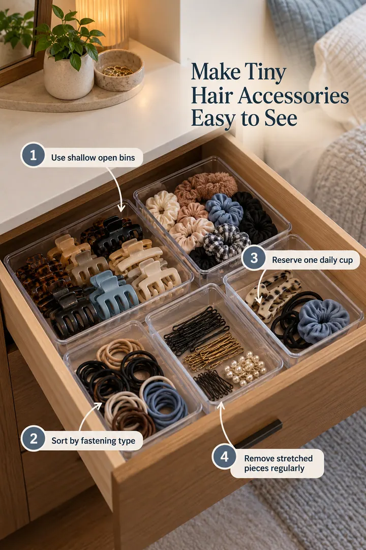 Annotated Educational Photo of hair accessory shallow bins in Bedroom dresser drawer showing use shallow open bins.