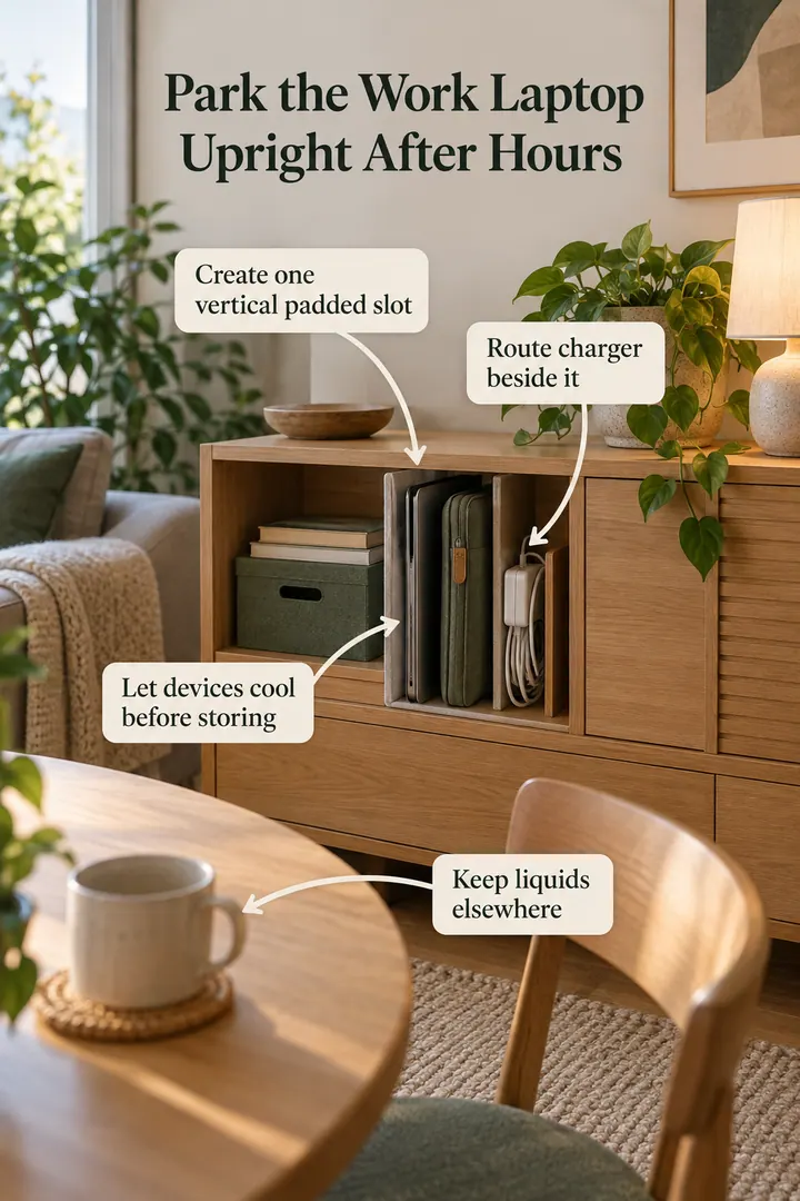 Annotated Educational Photo of laptop sleeve landing slot in Living-room console showing create one vertical padded slot.