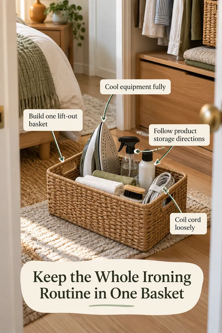 Annotated Educational Photo of compact ironing kit basket in Bedroom wardrobe floor showing build one lift-out basket.