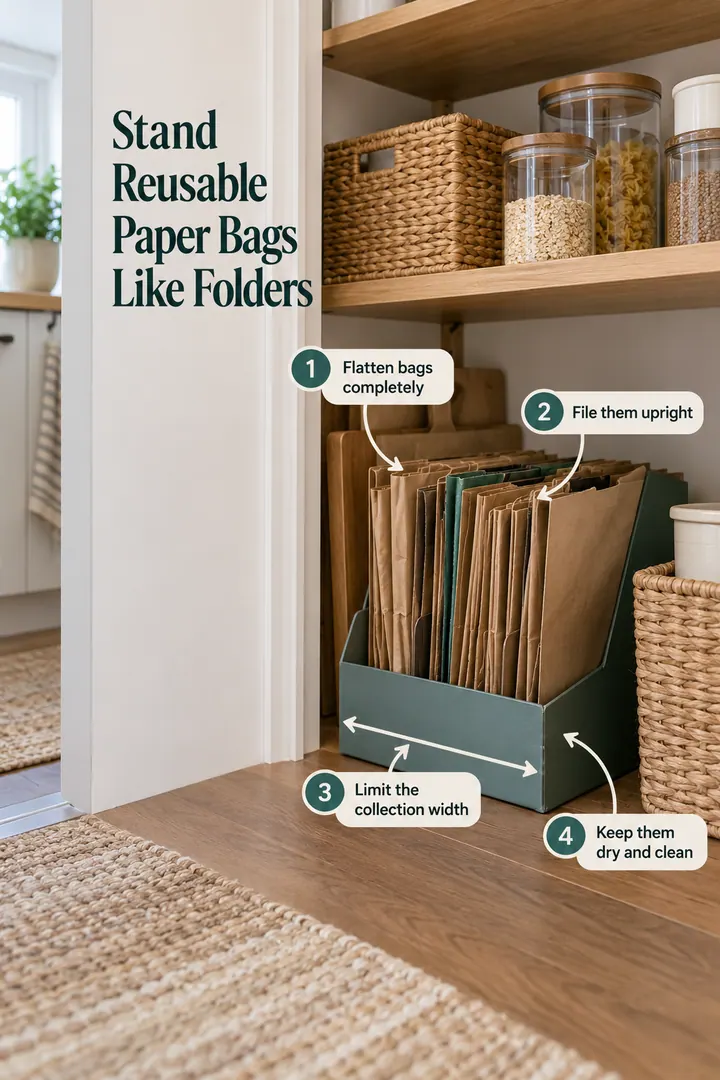 Annotated Educational Photo of paper grocery bag file in Kitchen pantry floor showing flatten bags completely.
